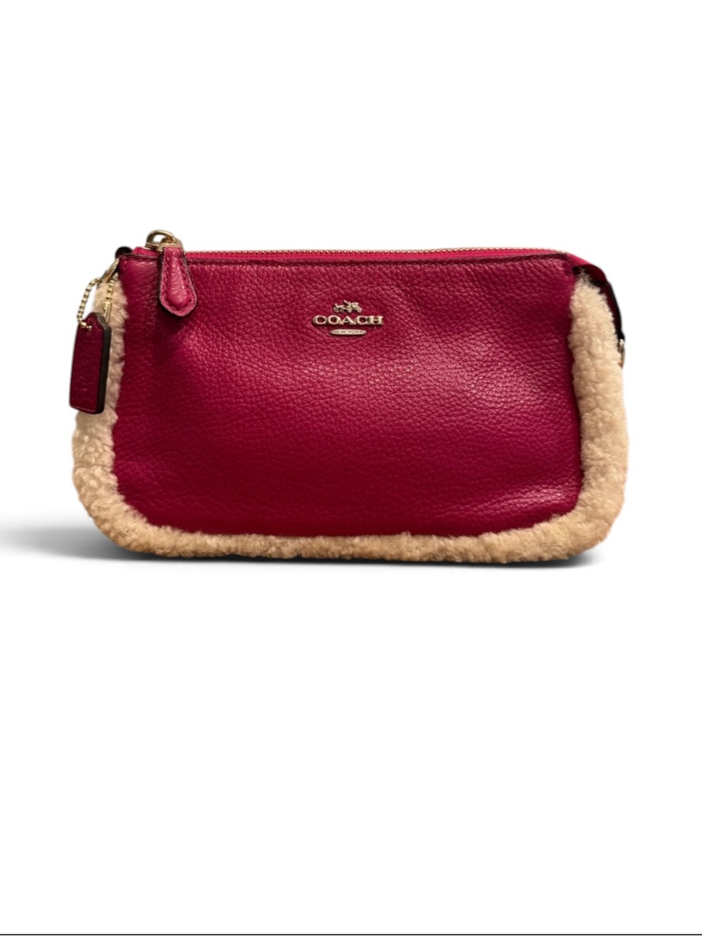 Coach Sherpa Lined Cranberry Leather Wristlet